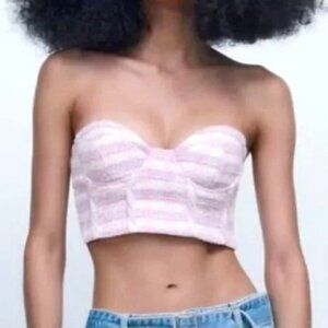 Zara Bustier Corset Crop Top Tweed Plaid Pink Purple Size M